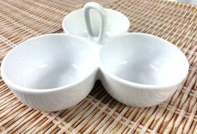 Crate & Barrel 3 Compartment White Ceramic Condiments Relish Dips Dish