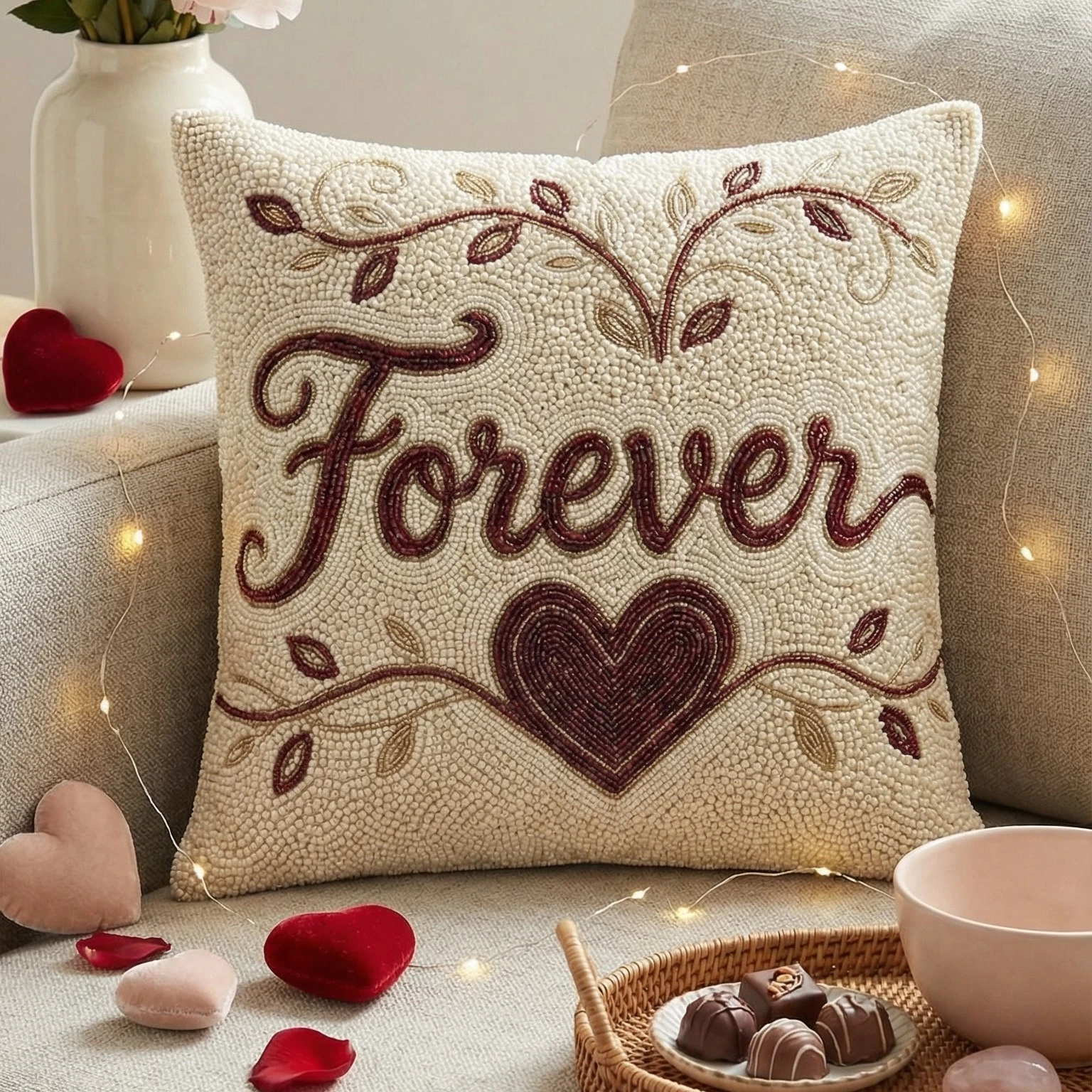 Beaded 'Forever' Heart Throw Pillow - Romantic Home Decor - Available in 16x16,
Opens in a new windo