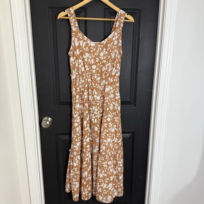 Mine Women's Small Floral Midi Sundress Yellow Tiered Boho Summer Fall