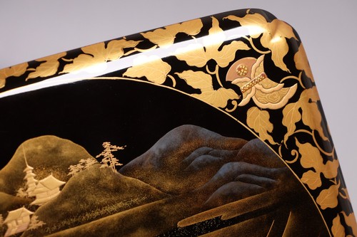 Japanese Lacquer Sweets Box 10inch Gold Pavilion Landscape&Instruments Meiji Era - Picture 6 of 24