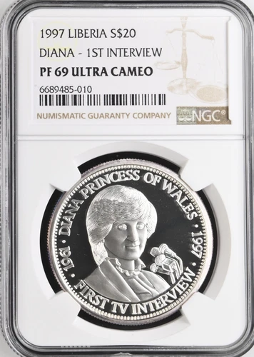 1997 LIBERIA SILVER 20 DOLLARS DIANA - FIRST INTERVIEW - NGC PF 69 ULTRA CAMEO