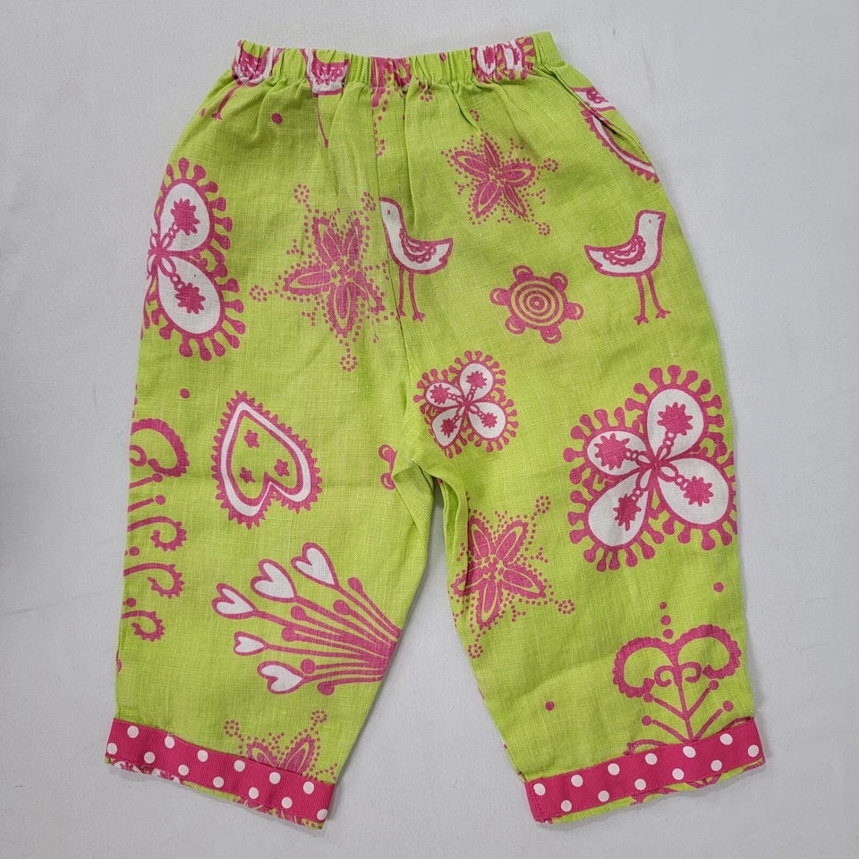 Greggy Girl Girl's LINEN Green Pink Pants Elastic Waistband Heart Bird Size 4 - Image 2 of 4