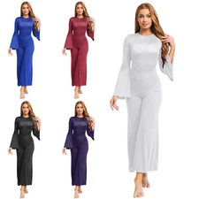 Women Lyric Dance Gymnastic Unitards  Flared Sleeve Bell Bottom Jumpsuit Party
