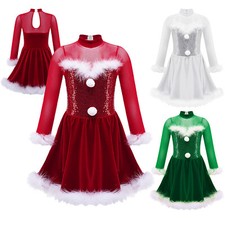 Girls Shiny Sequins Christmas Snowman Long Sleeve Mock Neck Tutu Dress Dancewear