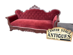67490 Antique Empire Sofa with Red Velvet Upholstery and Carved Wood