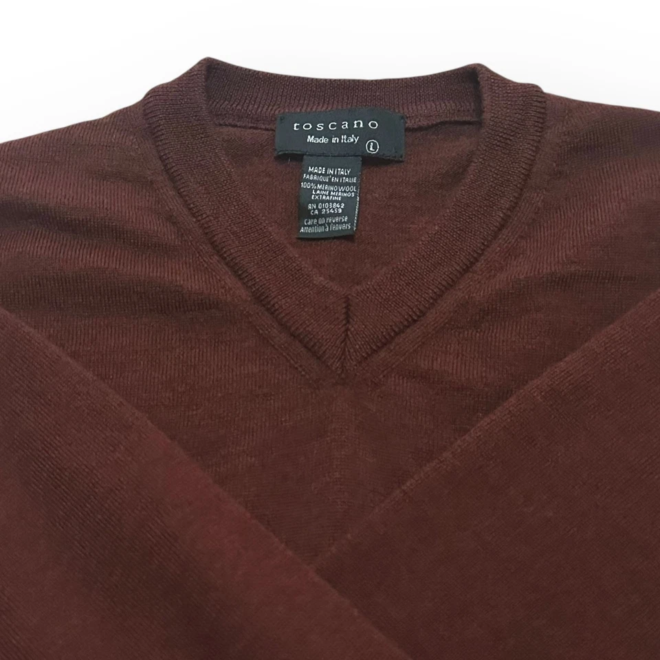 Vintage TOSCANO Made In Italy 100% Merino Wool Luxury Sweater VNeck Burgundy Red - Image 4 of 4