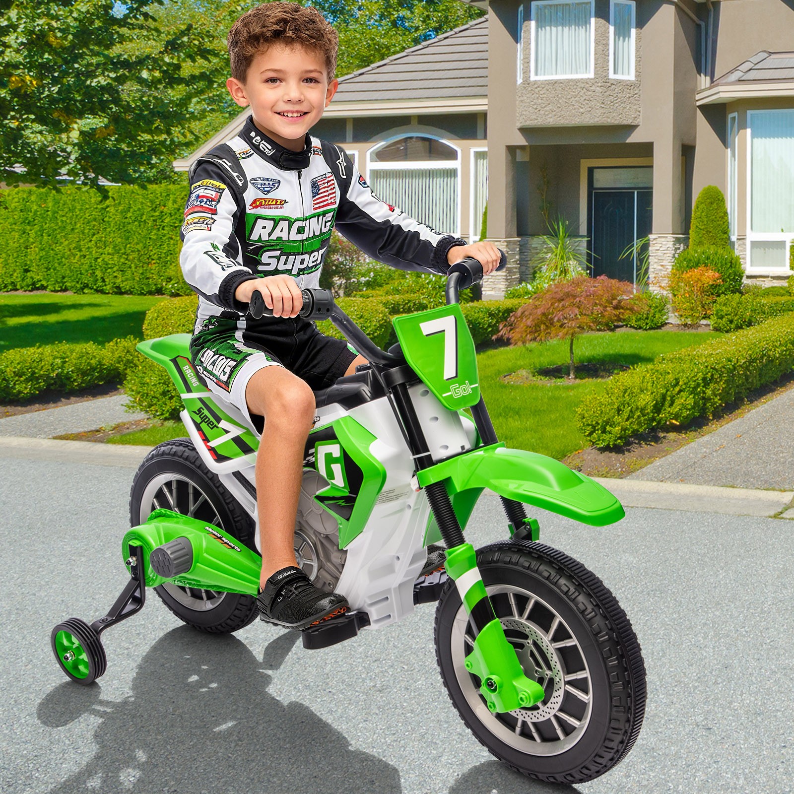 New 12V Kids Green Ride On Motorcycle Dirt Bike Motorbike w/Music,Training Wheel
