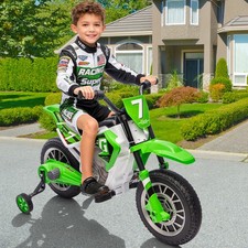 New 12V Kids Green Ride On Motorcycle Dirt Bike Motorbike w/Music,Training Wheel
