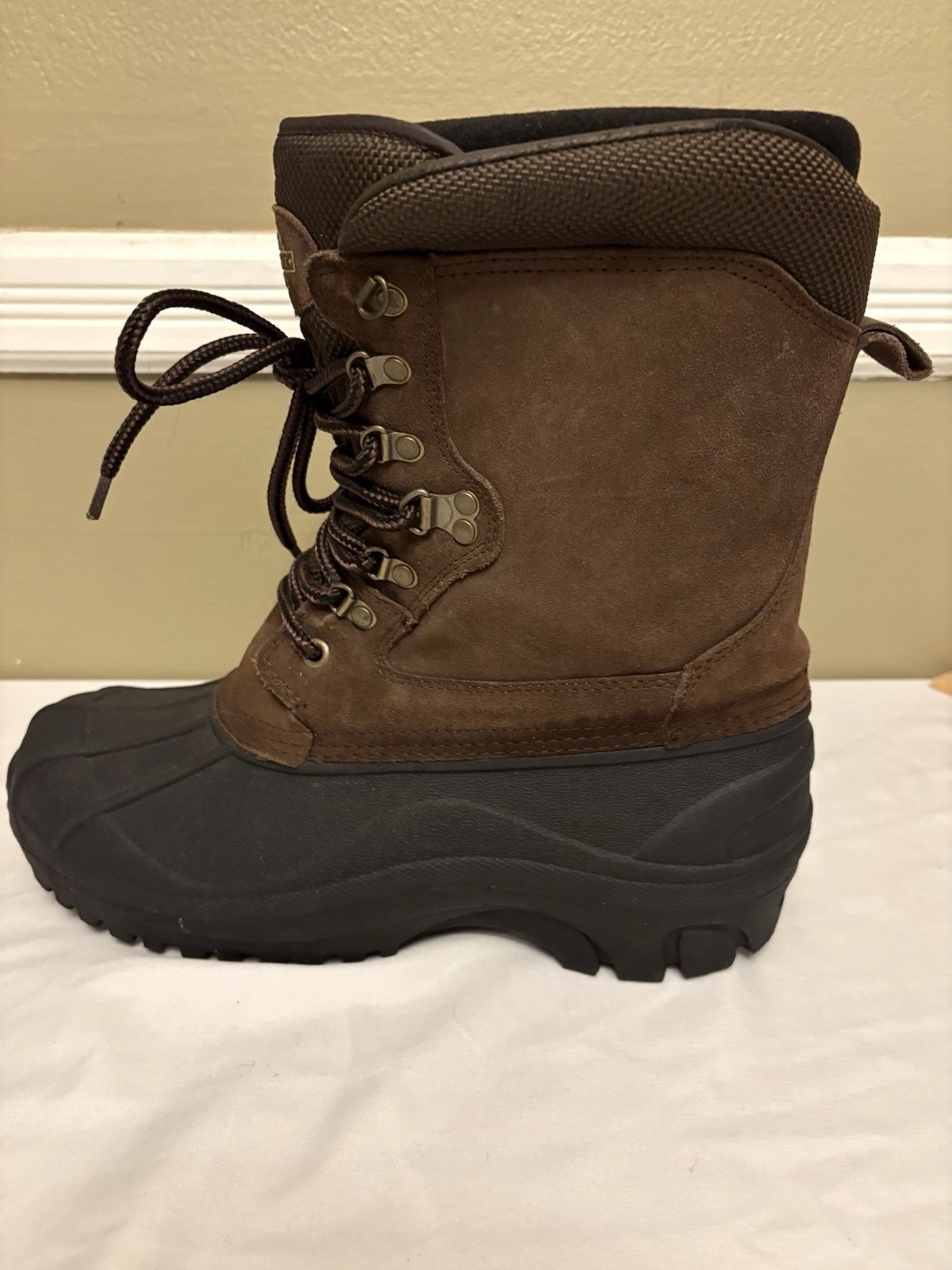 Totes Time Quest Mens 11 Waterproof Duck Boots Brown Leather Rubber Snow Boots