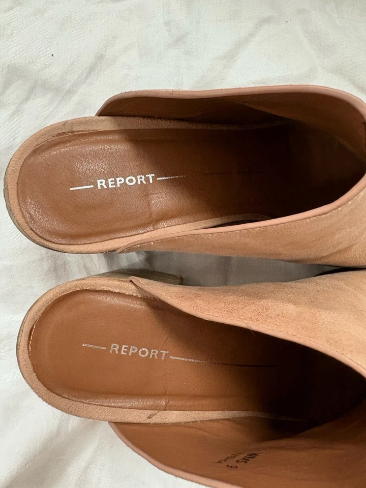 Report Tan Suede Mules Slip-on Block Heels Pointy Toes Studded 9 Comfortable! - Image 3 of 4
