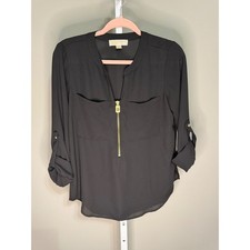 Michael Kors Black Half Zip Blouse Roll Tab Sleeves Pocket Front S Quiet Luxury