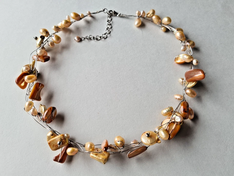 Perlmutt Zuchtperlen Kette Collier geflochten mehrsträngig beige braun 7158 - Bild 3 von 4