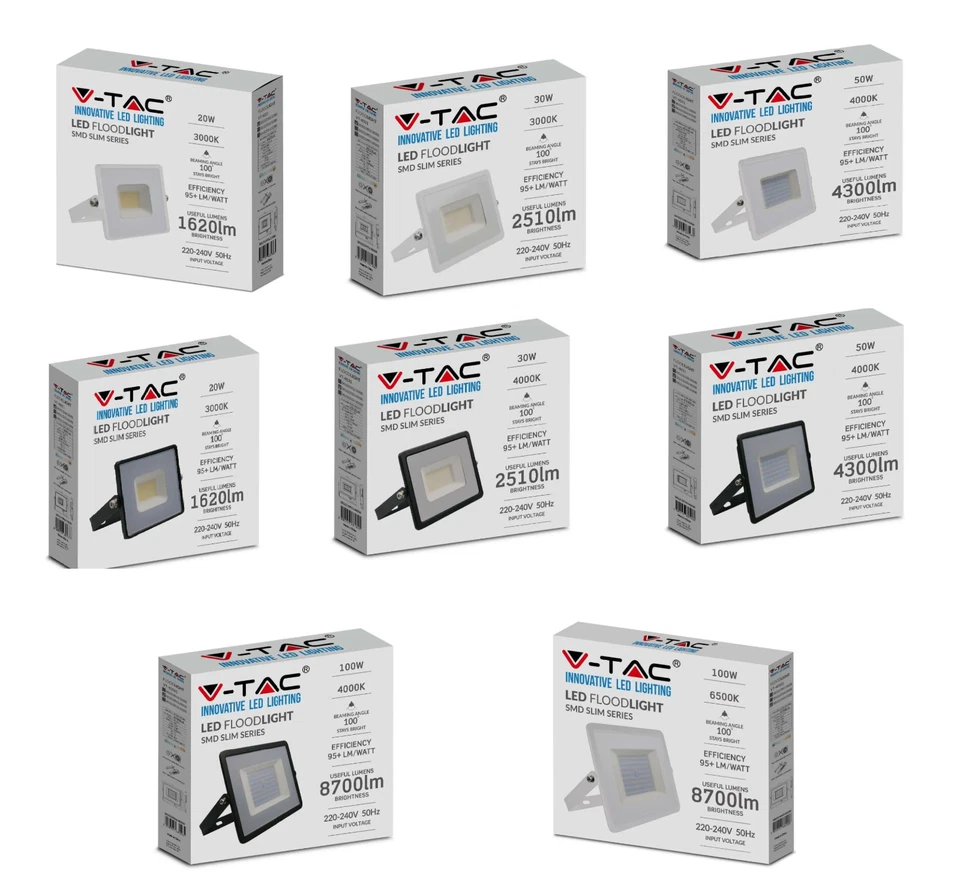 FARO LED V-TAC 20/30/50/100w CORPO BIANCO/NERO LUCE CALDA/NATURALE/FREDDA