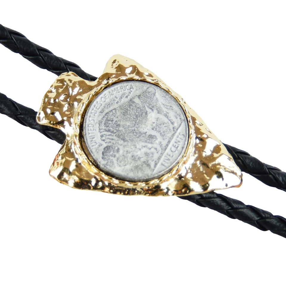 Buffalo Coin Gold Arrowhead Bolo Tie 36 inch Adjustable Braided Cord Made In USA - Image 3 of 4