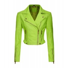 Neon Yellow Branded Quilted Ladies Biker Leather Jacket Sizes6 And8 Uk Xmas Sale