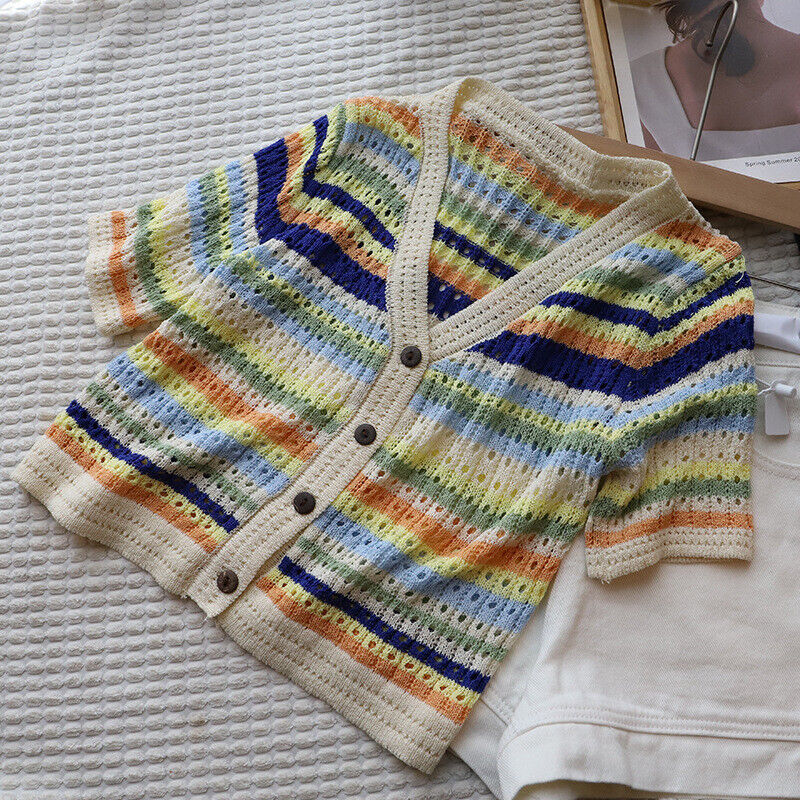 Women Rainbow Striped Knit Cardigan V Neck Short Sleeve Jumper Sweater  Basic Top