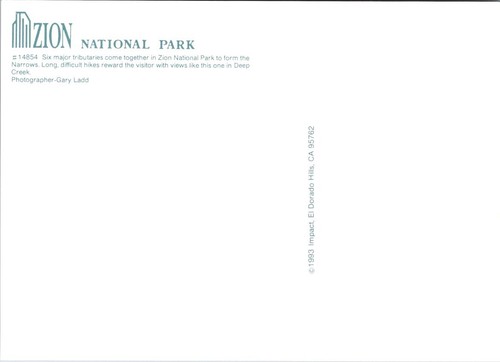 Postcard Zion National Park Narrows Deep Creek UT Utah 6x4 Photo Gary Ladd 1993 - Picture 2 of 2