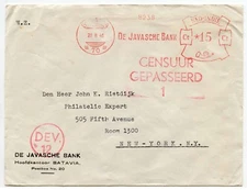 DUTCH EAST INDIES 1940 CENSORED METER FRANKING JAVA BANK to USA RIETDIJK..DEV 12