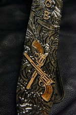 Guitar strap leather tooled all hand made in USA 3" or 3.5" "Outlaw wolf"