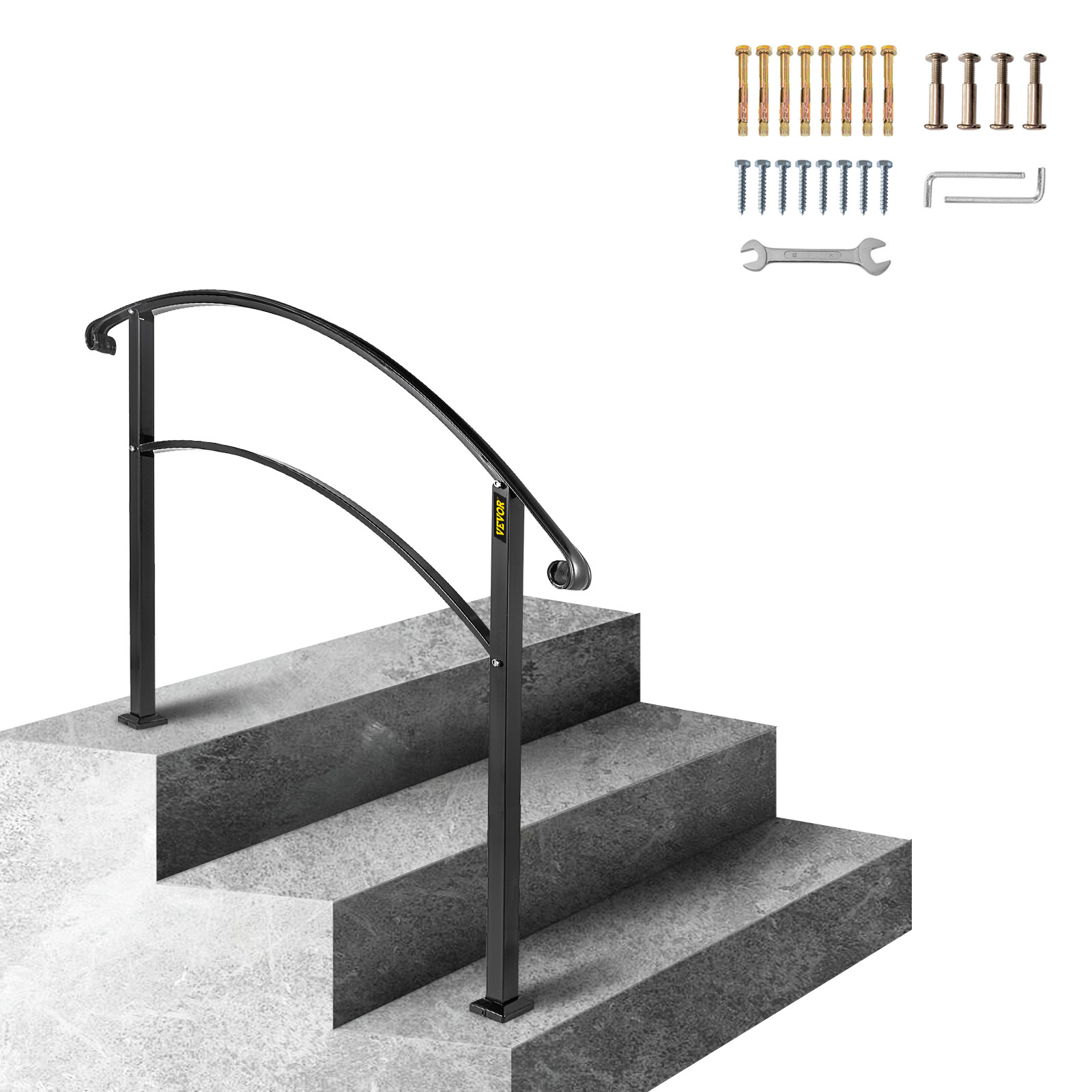 Rampe d'escalier 3 marches VEVOR balustrade en fer forgé noir de garde-corps