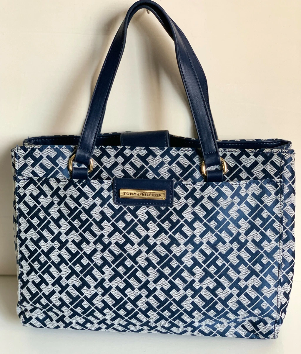 NEW TOMMY HILFIGER MONOGRAM LOGO BLUE SHOPPER SATCHEL TOTE BAG PURSE 99 SALE
