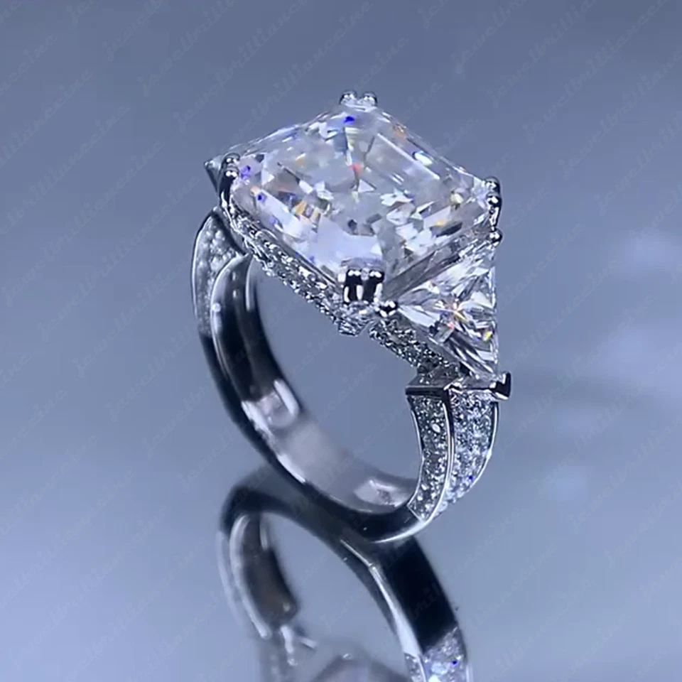 5.3 TCW Asscher Moissanite 3-Stones Engagement Ring In 14k Platinum Gold Plated — 第 3/4 张图片