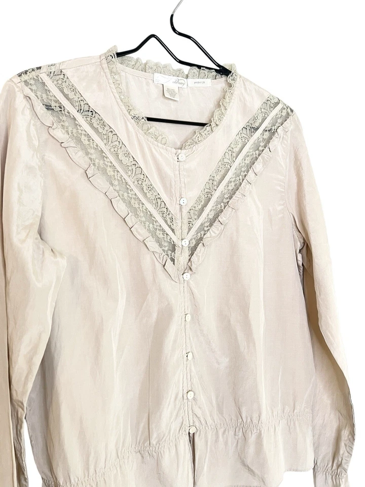 Top Campesino Vintage Azul Marino Antiguo Mujer L Beige Encaje Boho Volantes Cottagecore Mezcla de Seda Foto 3 de 4