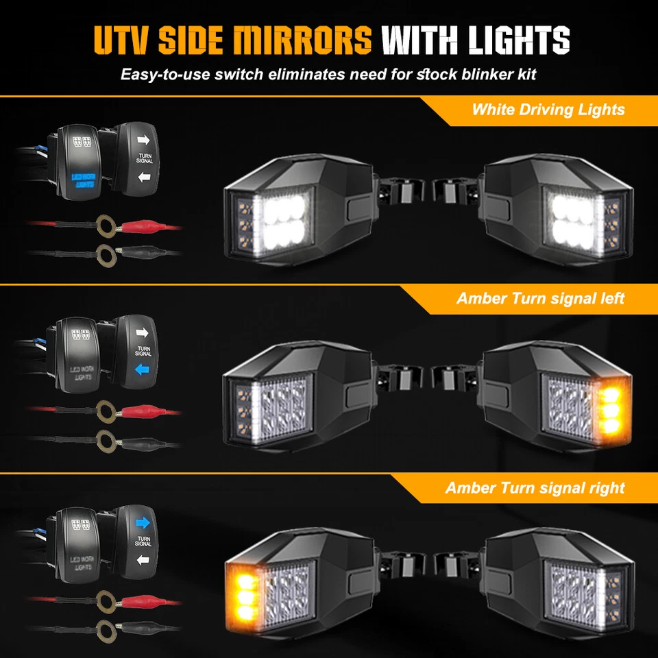 Rear Side Mirrors w/Amber LED Lights UTV Turn Signal Horn Kit For Polaris RZR XP - Image 4 of 4