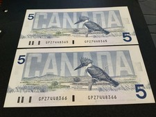 Bank Of Canada 1986 $5 Two Sequence Mint Crisp Perfect Prefix GPZ Knight/Dodge
