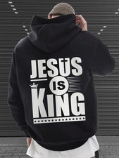  Men's Heavyweight Jesus is King Hoodie - Black w/Crown Graphic, Kangaroo Pock