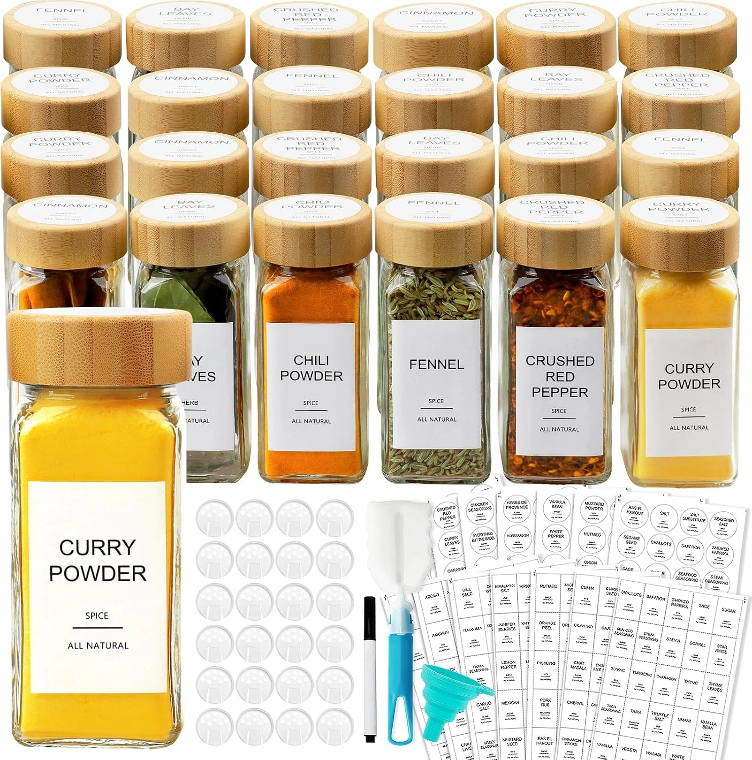 Glass Spice Jars W/ 398 Labels 24 pcs 4oz Spice Containers W/ Bamboo Lids Square