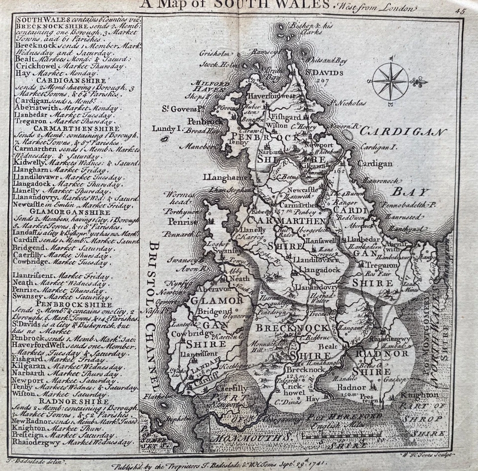 1741 Antique Map; South Wales by W.H. Toms / T. Badeslade - Image 2 of 2