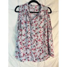 ELLE Floral Stripe Sleeveless Button Down Shirt Womens XXL Pink Red Roses