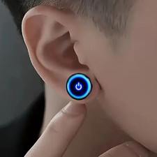 2 NEW Unisex EARRINGS. TURN ME ON Power Button Black, Blue Lite Glass Cabochon.