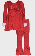 NWT Bonnie Jean Girls 5 Red Christmas Pants Set Rhinestone Bow Sequins Faux Fur