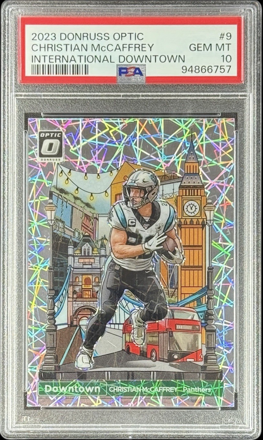 2023 Donruss Optic CHRISTIAN MCCAFFREY INTERNATIONAL DOWNTOWN PSA 10 GEM MINT