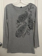 VTG EUC Jai Guru Deva Woman’s Medium Long Sleeve T-Shirt Top Gray Paisley Beaded