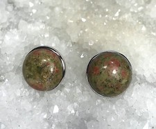 15mm Natural Unakite  Sterling Silver 925 Setting Earring StudS