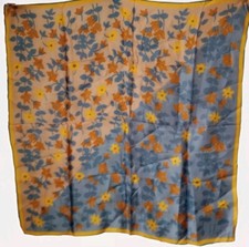 Scarf VERA NEUMANN Square Floral Silky Vintage Signed MCM Neutral Colors