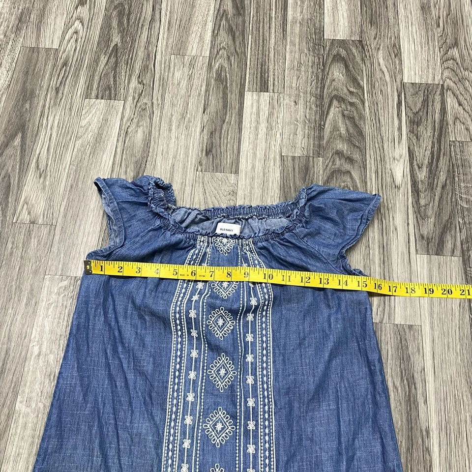 OLD NAVY Embroidered Ruffled Elastic Neckline Blue Chambray Dress Girl's Size L - Image 4 of 4