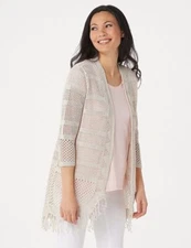 H Halston Stone Draped Textured Knit Cardigan Fringe Tassel Hem Sweater New
