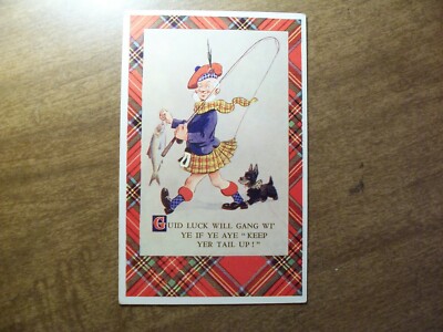 VINTAGE POSTCARD COMIC PLAID BORDER PAWKY SCOT SERIES FISHING GUID LUCK  DOG