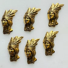 Vintage Indian Head Brass Stamping Jewelry Findings Chief Feathers Charm 6pcs