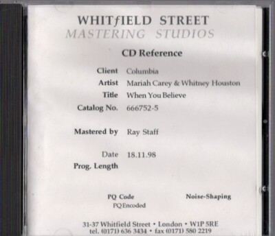 Mariah Carey & Whitney Houston RARE MASTERING 3trk PROMO CD When You Believe