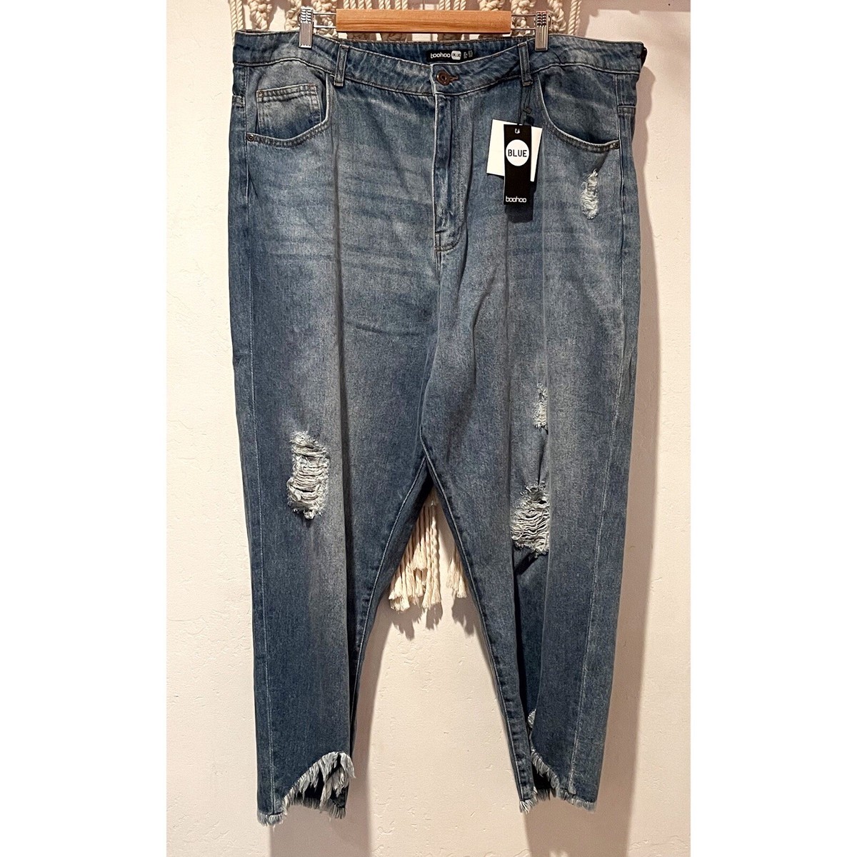 NWT Boohoo Blue Skinny Jeans SZ 20 Raw Shark Bite Hem Med Wash