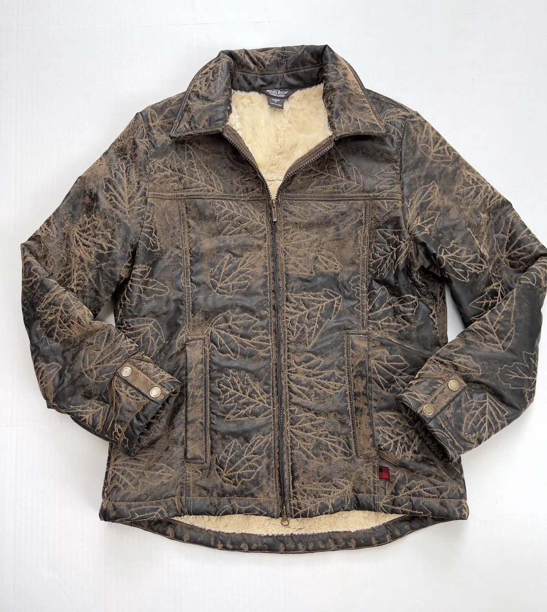 Woolrich Womens Saddle Jacket Faux Leather Sherpa lined Leaf Barn Outdoor Size M