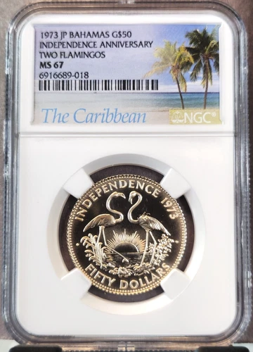 1973 BAHAMAS GOLD 50 DOLLARS INDEPENDENCE TWO FLAMINGOS NGC MS 67 GEM BEAUTY
