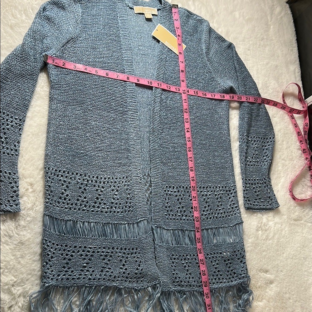 MICHAEL KORS Open Knit Crochet Long Cardigan Sweater XS Fringe Lightweight NEW thumbnail 5