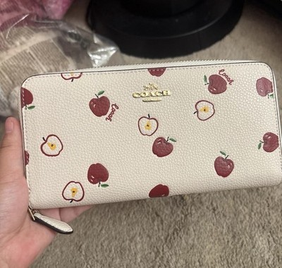 Coach Scattered Red Apple Print Chalk White Long Accordion Zip Wallet
