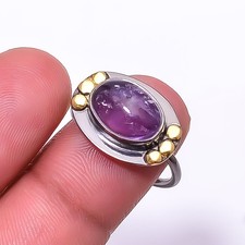 Natural Purple Amethyst Black And Gold Plated 925 Sterling Silver Ring s.8 R23